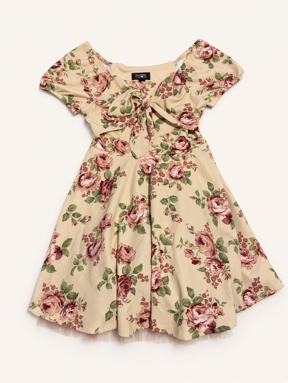 Beautees Floral Bow-Front Dress - Beige and Rose